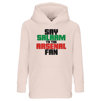 Say Salaam to the Arsenal Fan Original Part-Recycled Cotton-Poly Kids Hoodie – Creamy Pink / Oyster Pink featuring bold, text-based design in Black, La Salle Green and Cadmium Red. Boys’ / Girls’ / Childrens’ Essentials Basic Zipless Pullover Casual Classic Hooded Sweatshirt. This comfortable fit, football-inspired statement, minimalist, sustainable fashion, iconic graphic garment is made for Asnal F.C. fans tracking the score and match time – at home, away, or browsing Sports Direct for sports style.