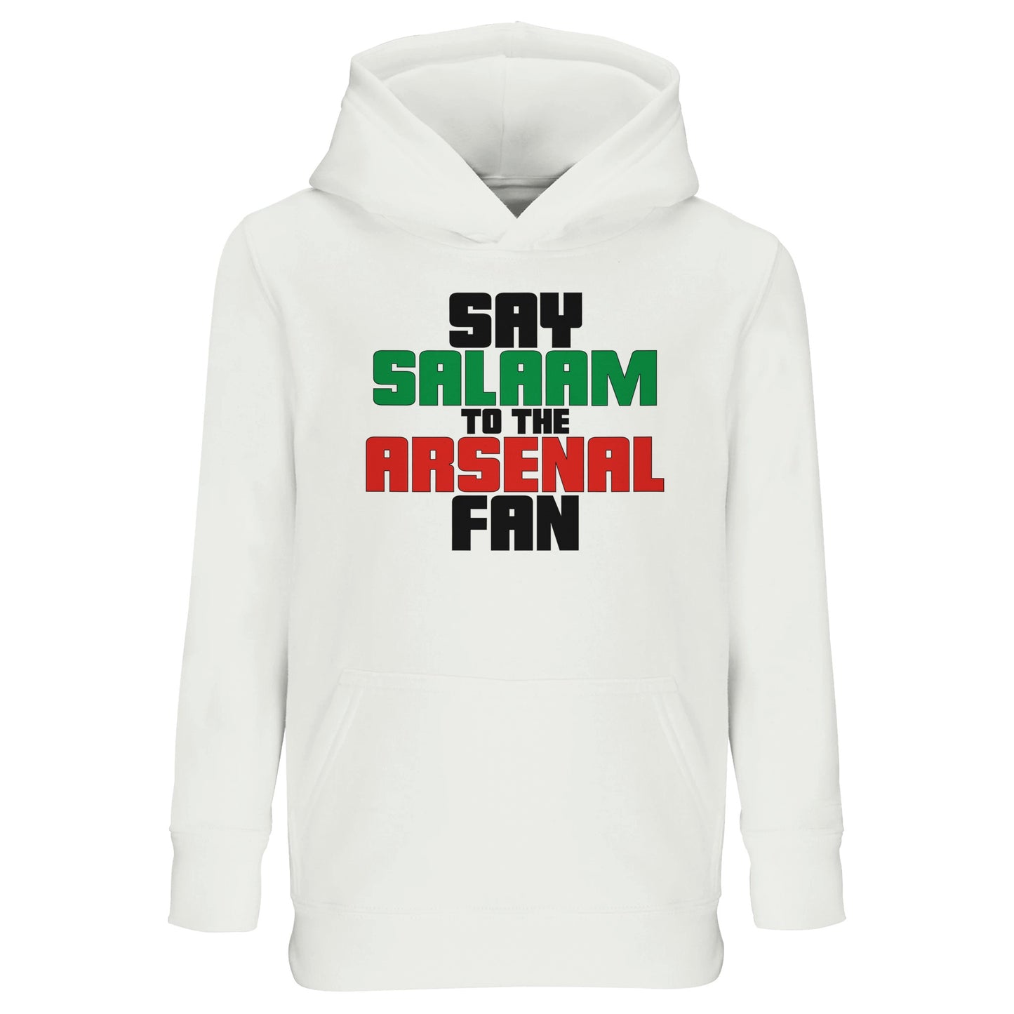 Say Salaam to the Arsenal Fan Original Part-Recycled Cotton-Poly Kids Hoodie – White / Platinum featuring bold, text-based design in Black, La Salle Green and Cadmium Red. Boys’ / Girls’ / Childrens’ Essentials Basic Zipless Pullover Casual Classic Hooded Sweatshirt. This comfortable fit, football-inspired statement, minimalist, sustainable fashion, iconic graphic garment is made for Asnal F.C. fans tracking the score and match time – at home, away, or browsing Sports Direct for sports style.