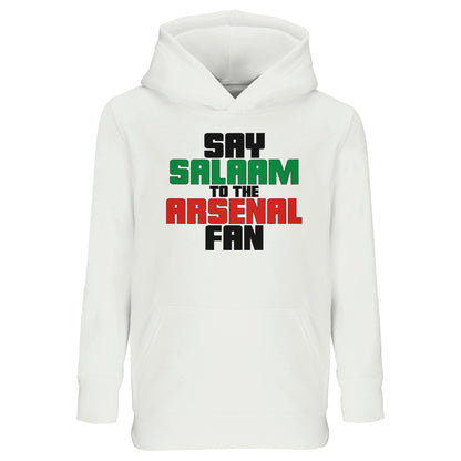 Say Salaam to the Arsenal Fan Original Part-Recycled Cotton-Poly Kids Hoodie – White / Platinum featuring bold, text-based design in Black, La Salle Green and Cadmium Red. Boys’ / Girls’ / Childrens’ Essentials Basic Zipless Pullover Casual Classic Hooded Sweatshirt. This comfortable fit, football-inspired statement, minimalist, sustainable fashion, iconic graphic garment is made for Asnal F.C. fans tracking the score and match time – at home, away, or browsing Sports Direct for sports style.