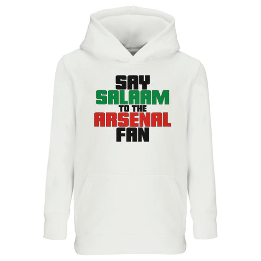 Say Salaam to the Arsenal Fan Original Part-Recycled Cotton-Poly Kids Hoodie – White / Platinum featuring bold, text-based design in Black, La Salle Green and Cadmium Red. Boys’ / Girls’ / Childrens’ Essentials Basic Zipless Pullover Casual Classic Hooded Sweatshirt. This comfortable fit, football-inspired statement, minimalist, sustainable fashion, iconic graphic garment is made for Asnal F.C. fans tracking the score and match time – at home, away, or browsing Sports Direct for sports style.