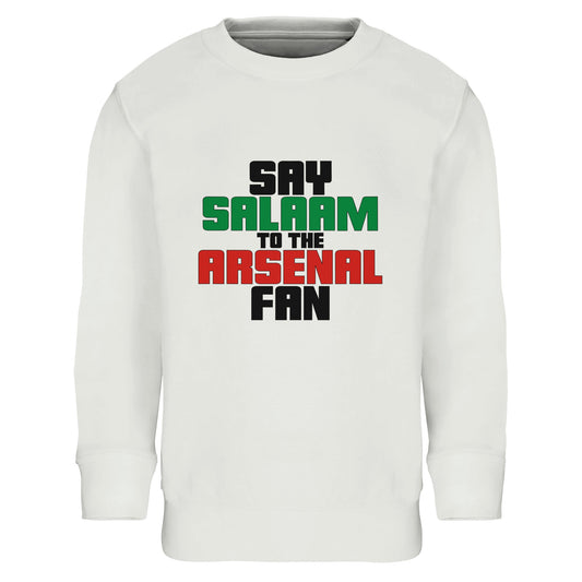 Say Salaam to the Arsenal Fan Original Part-Recycled Unisex Cotton-Poly Sweatshirt – White / Platinum featuring bold, text-based design in Black, La Salle Green and Cadmium Red. Men’s / Ladies / Essential Basic Pullover Casual Classic Crewneck Winter Jumper. This comfortable fit, football-inspired statement, minimalist, sustainable fashion, iconic graphic garment is made for Asnal F.C. fans and supporters tracking the score and match time – at home, away, or browsing Sports Direct for sports style.