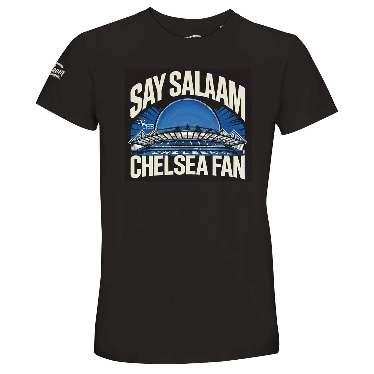 Say Salaam to the Chelsea Fan, Design #1, on a Deep Black 50% recycled unisex cotton T-shirt. The Deep Black shade is also described as jet black, charcoal and Zeus black. Front-view mock-up showing the Say Salaam fan graphic printed on a short-sleeved crew-neck tee. For Chelsea FC, Blues and Stamford Bridge. Casual unisex graphic clothing for men and women, modest Muslim streetwear, everyday fashion and themed presents. Suitable for weekends, matchdays, birthdays and Eid gifts.