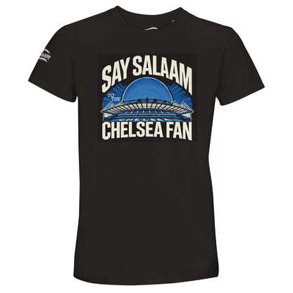 Say Salaam to the Chelsea Fan, Design #1, on a Deep Black 50% recycled unisex cotton T-shirt. The Deep Black shade is also described as jet black, charcoal and Zeus black. Front-view mock-up showing the Say Salaam fan graphic printed on a short-sleeved crew-neck tee. For Chelsea FC, Blues and Stamford Bridge. Casual unisex graphic clothing for men and women, modest Muslim streetwear, everyday fashion and themed presents. Suitable for weekends, matchdays, birthdays and Eid gifts.