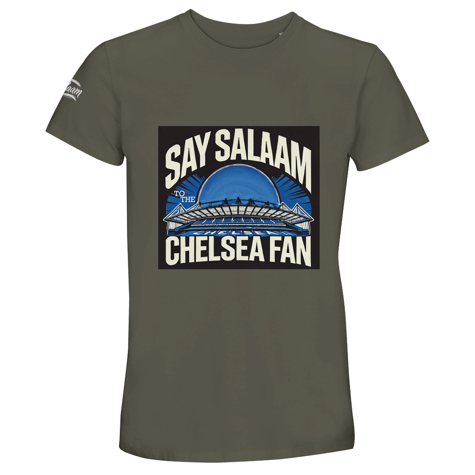 Say Salaam to the Chelsea Fan Design #1 Unisex T-Shirt – Army / Fuscous Grey featuring a silhouette graphic of Stamford Bridge stadium in cream and deep blue. Modest football streetwear for Chelsea supporters who’ve stood in the Shed End, streamed pre-season friendlies, or chanted through the cold. Soft recycled cotton tee for Blues fans who balance loyalty, London pride and the Islamic hello. To be worn to the match. Unofficial non-Megastore merch, no crest, just stylish halal clothing for West London.