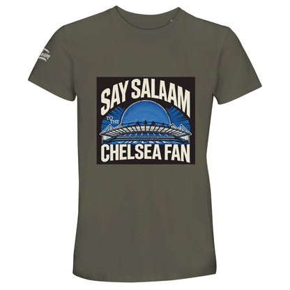 Say Salaam to the Chelsea Fan Design #1 Unisex T-Shirt – Army / Fuscous Grey featuring a silhouette graphic of Stamford Bridge stadium in cream and deep blue. Modest football streetwear for Chelsea supporters who’ve stood in the Shed End, streamed pre-season friendlies, or chanted through the cold. Soft recycled cotton tee for Blues fans who balance loyalty, London pride and the Islamic hello. To be worn to the match. Unofficial non-Megastore merch, no crest, just stylish halal clothing for West London.