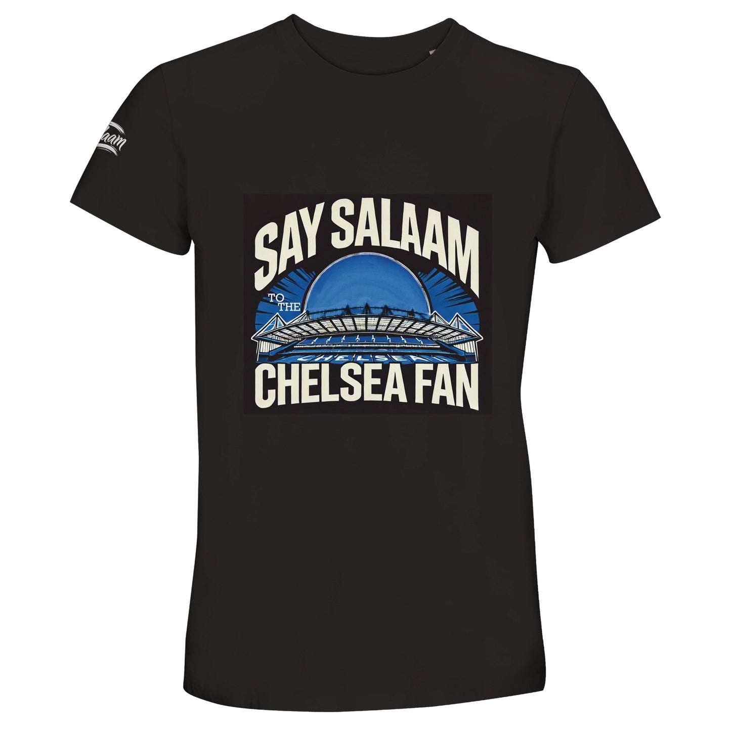 Say Salaam to the Chelsea Fan Design #1 Unisex T-Shirt – Deep Black / Zeus with iconic Stamford Bridge stadium graphics in cream and electric blue. Built for the Blues-faithful who track results on Salah breaks, stream even late kick-offs, or remember the Ranieri years. Modest, sustainable football streetwear with London pride stitched in. A giftable stylish tee for Muslim supporters who stand for the Pensioners and salamalaikum along the Kings Road. For birthdays, ballers and those who dream in royal blue.