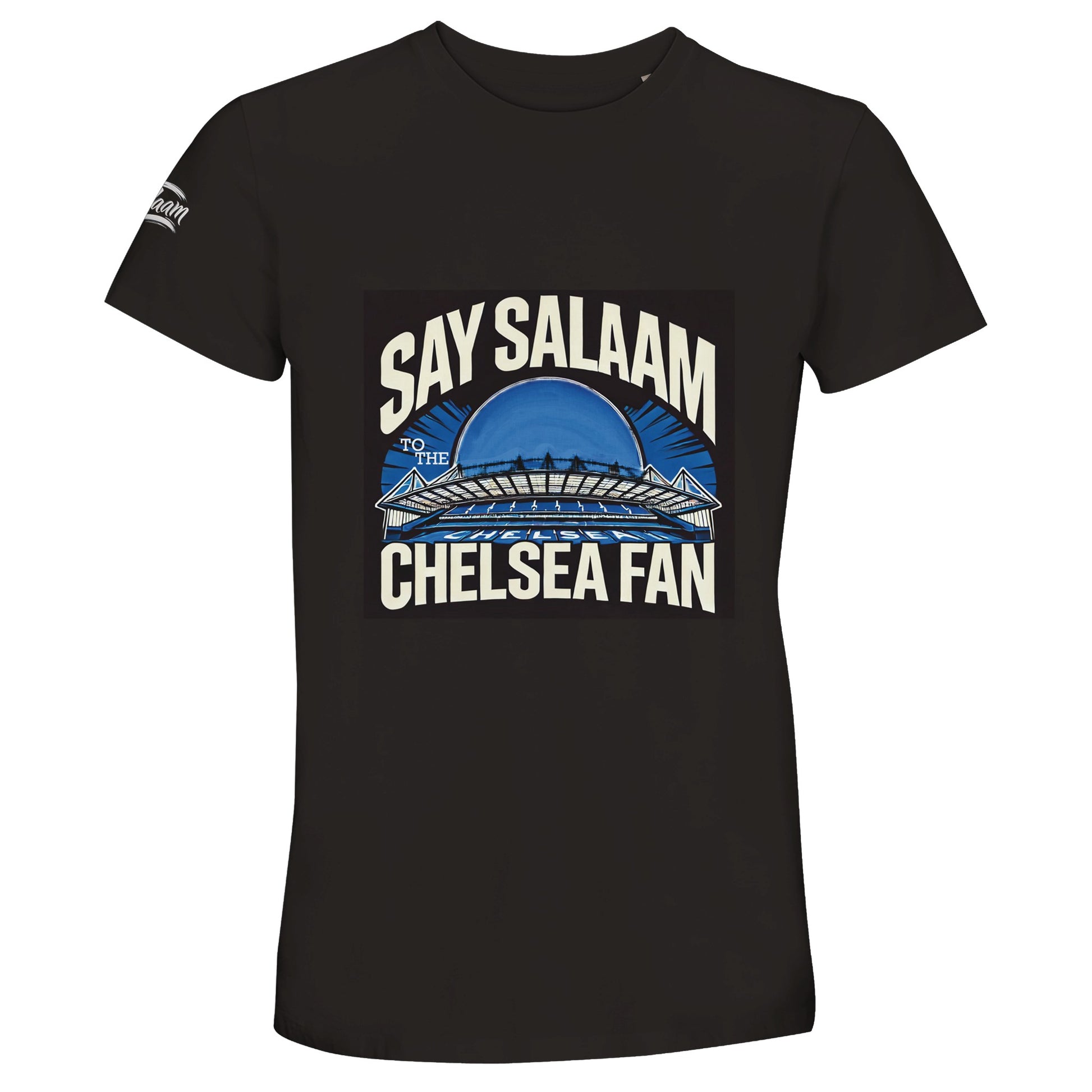 Say Salaam to the Chelsea Fan Design #1 Unisex T-Shirt – Deep Black / Zeus with iconic Stamford Bridge stadium graphics in cream and electric blue. Built for the Blues-faithful who track results on Salah breaks, stream even late kick-offs, or remember the Ranieri years. Modest, sustainable football streetwear with London pride stitched in. A giftable stylish tee for Muslim supporters who stand for the Pensioners and salamalaikum along the Kings Road. For birthdays, ballers and those who dream in royal blue.