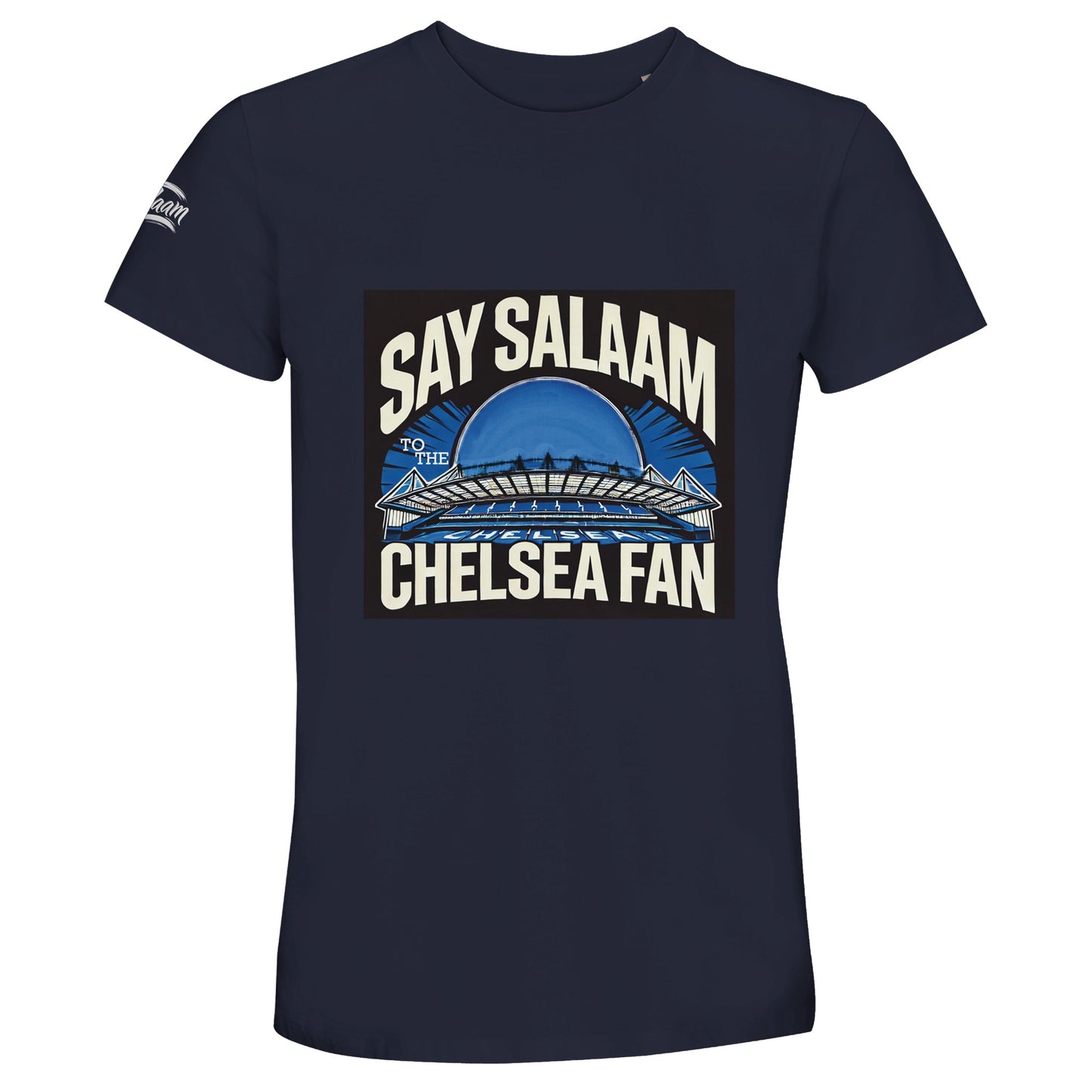 Say Salaam to the Chelsea Fan Design #1 Unisex T-Shirt – French Navy / Ebony Clay featuring a sharp Stamford Bridge silhouette in pale cream and royal blue. Modest Chelsea FC streetwear for fans of Zola, Drogba, Hazard, or Chelsea Ladies, made to wear to the social settings, the pitch or the prayer mat. Essential, graphic, recycled cotton tee for Muslim supporters who mix footie tradition with fashion softness. Giftable, breathable, wearable, and ideal for retro kit collectors and Islamic matchday moods.