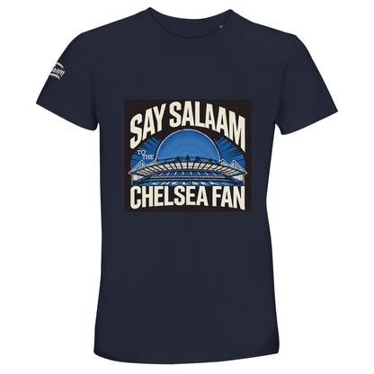 Say Salaam to the Chelsea Fan Design #1 Unisex T-Shirt – French Navy / Ebony Clay featuring a sharp Stamford Bridge silhouette in pale cream and royal blue. Modest Chelsea FC streetwear for fans of Zola, Drogba, Hazard, or Chelsea Ladies, made to wear to the social settings, the pitch or the prayer mat. Essential, graphic, recycled cotton tee for Muslim supporters who mix footie tradition with fashion softness. Giftable, breathable, wearable, and ideal for retro kit collectors and Islamic matchday moods.