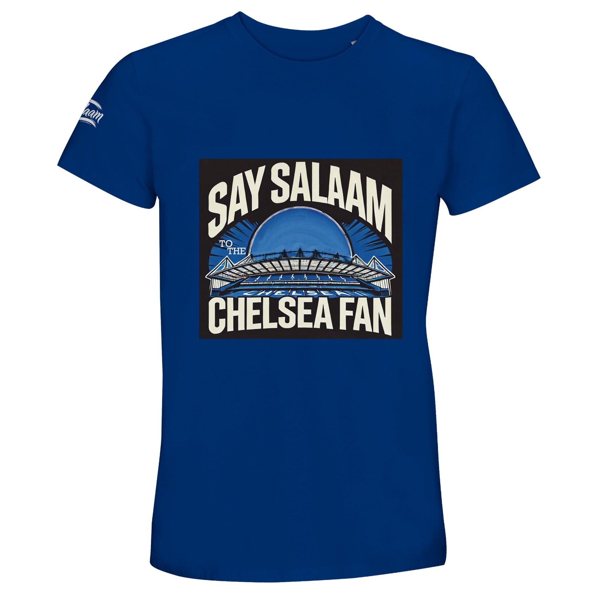 Say Salaam to the Chelsea Fan Design #1 Unisex T-Shirt – Royal Blue / Dark Midnight Blue featuring Stamford Bridge’s soft cream silhouette and a proud deep blue backing. A streetwear staple for Chelsea fans raised on Soccer Saturday, Reddit streams, or catchy chants. Sustainable cotton with a modest fit for Muslim football followers who live for matchday memories and graphic tees. Show an Islamic slogan in colour – and keep your team close, always. Wearable sleeveless top for adults who show their support.