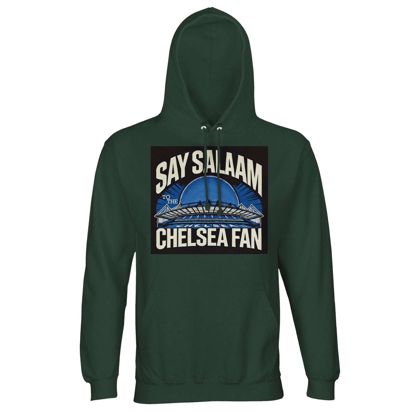 Say Salaam to the Chelsea Fan Design #1 Part-Recycled Cotton-Poly Hoodie – Bottle Green / Outer Space. This rich green hooded shirt bridges the gap between matchday tradition and conscious modest wear. A Chelsea-supporting layer for those who pray before the whistle and cheer with conviction. Not from the Megastore, but built from planet-friendly fibres and featuring no club crest, it’s a subtle nod to SW6 loyalty that feels equally suited to Jumu’ah, streetwear, or that late-night Champions League stream.