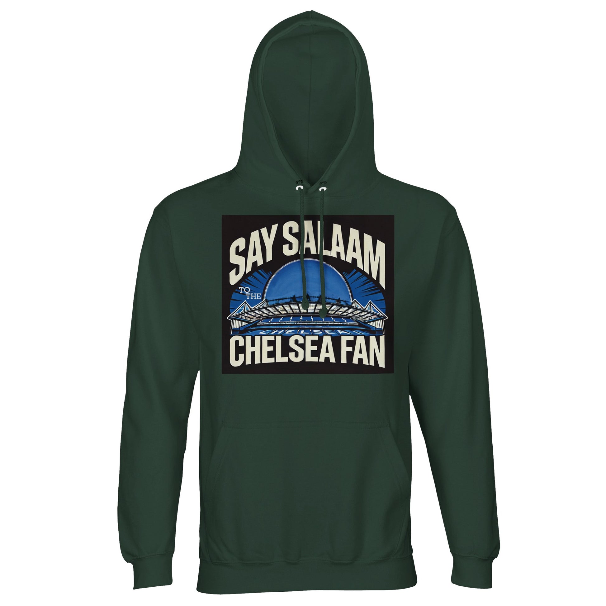 Say Salaam to the Chelsea Fan Design #1 Part-Recycled Cotton-Poly Hoodie – Bottle Green / Outer Space. This rich green hooded shirt bridges the gap between matchday tradition and conscious modest wear. A Chelsea-supporting layer for those who pray before the whistle and cheer with conviction. Not from the Megastore, but built from planet-friendly fibres and featuring no club crest, it’s a subtle nod to SW6 loyalty that feels equally suited to Jumu’ah, streetwear, or that late-night Champions League stream.