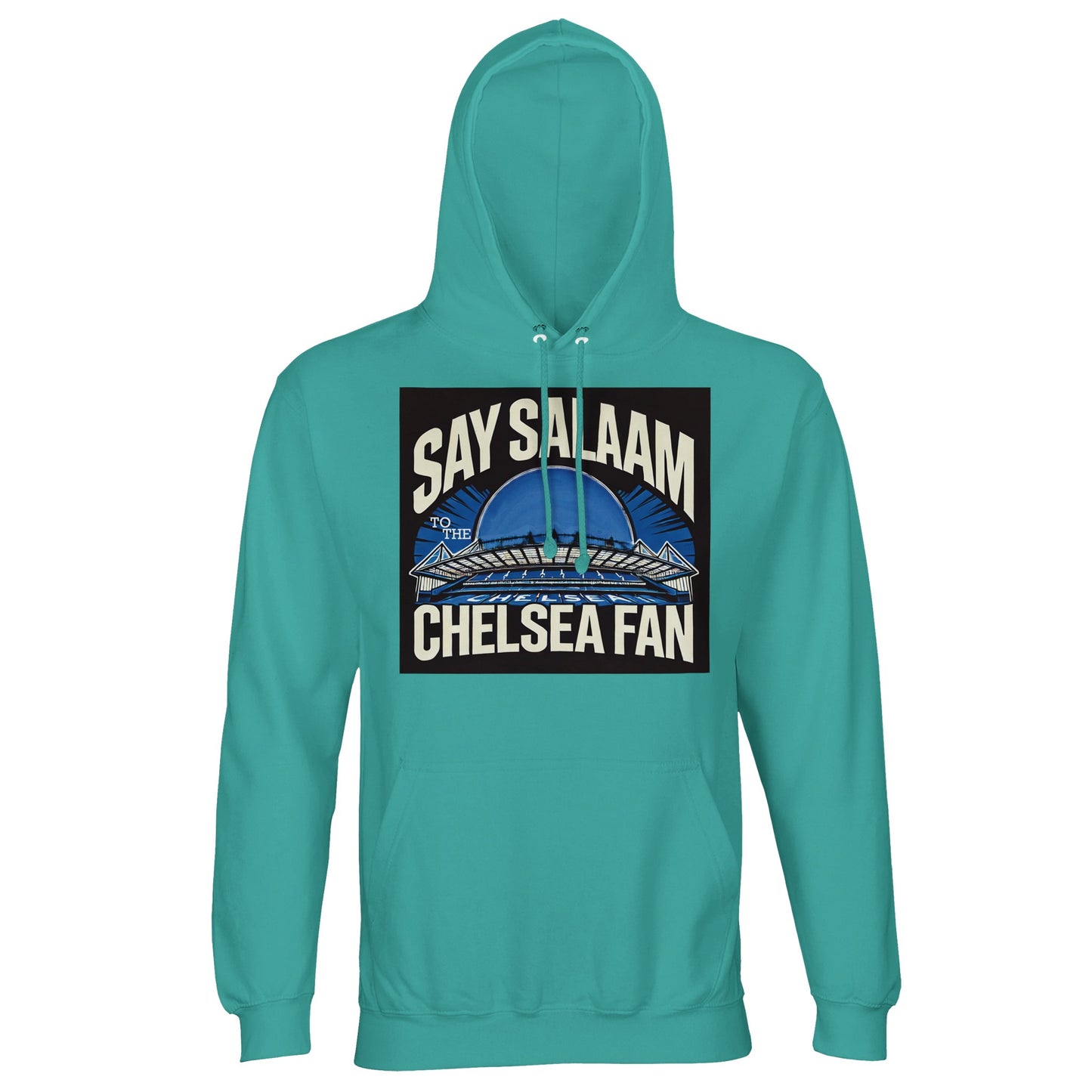 Say Salaam to the Chelsea Fan Design #1 Part-Recycled Cotton-Poly Hoodie – Pool Blue / Light Sea Green. A refreshing addition to your modest matchday wardrobe, this sustainable hooded top pairs spiritual values with splashy tones. Built for fasting fans, away-day dreamers, and quiet post-taraweeh debates about Stamford Bridge transfers, it features no crests - just a clean message and comfy, warm fit. For Blue fans who like their kit cool, inexpensive, calm, and utterly crest-free.