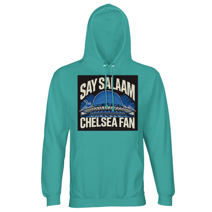 Say Salaam to the Chelsea Fan Design #1 Part-Recycled Cotton-Poly Hoodie – Pool Blue / Light Sea Green. A refreshing addition to your modest matchday wardrobe, this sustainable hooded top pairs spiritual values with splashy tones. Built for fasting fans, away-day dreamers, and quiet post-taraweeh debates about Stamford Bridge transfers, it features no crests - just a clean message and comfy, warm fit. For Blue fans who like their kit cool, inexpensive, calm, and utterly crest-free.