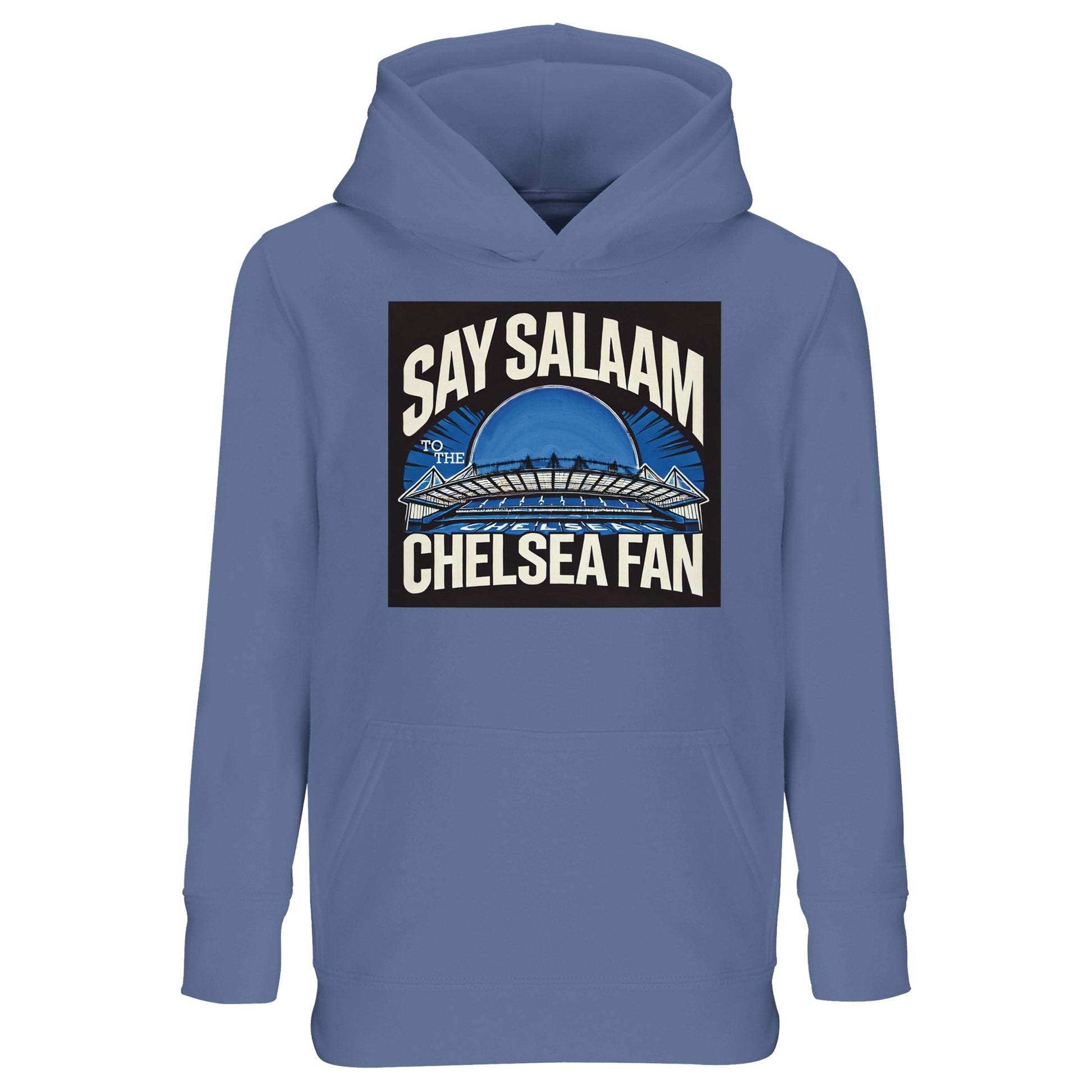 Say Salaam to the Chelsea Fan Design #1 Part-Recycled Cotton-Poly Kids Hoodie – Blue / Marble Blue / Blue-Grey / Waikawa Grey. This affordable, breathable, ethically made hooded sweatshirt carries Chelsea pride in every jumper stitch, pairing soft recycled cotton-poly comfort with a design modest enough for prayer mat Salah yet bold enough for home and away matchday. Perfect for young Islam-loving fans balancing faith, fun, and football, from SW6 terraces to after-school kickabouts.