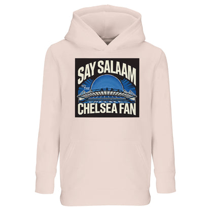 Say Salaam to the Chelsea Fan Design #1 Part-Recycled Cotton-Poly Kids Hoodie – Creamy Pink / Oyster Pink. Soft in tone but strong in team pride, this modest, well-priced, hooded sweatshirt is made from recycled cotton-poly for eco-conscious comfort. Perfect for Muslim youth footie supporters wanting a warmer, faith-friendly layer that blends (two time World and European champions) Chelsea spirit with a gentle pastel finish, making it ideal for casual wear, Stamford Bridge matchday, or community events.