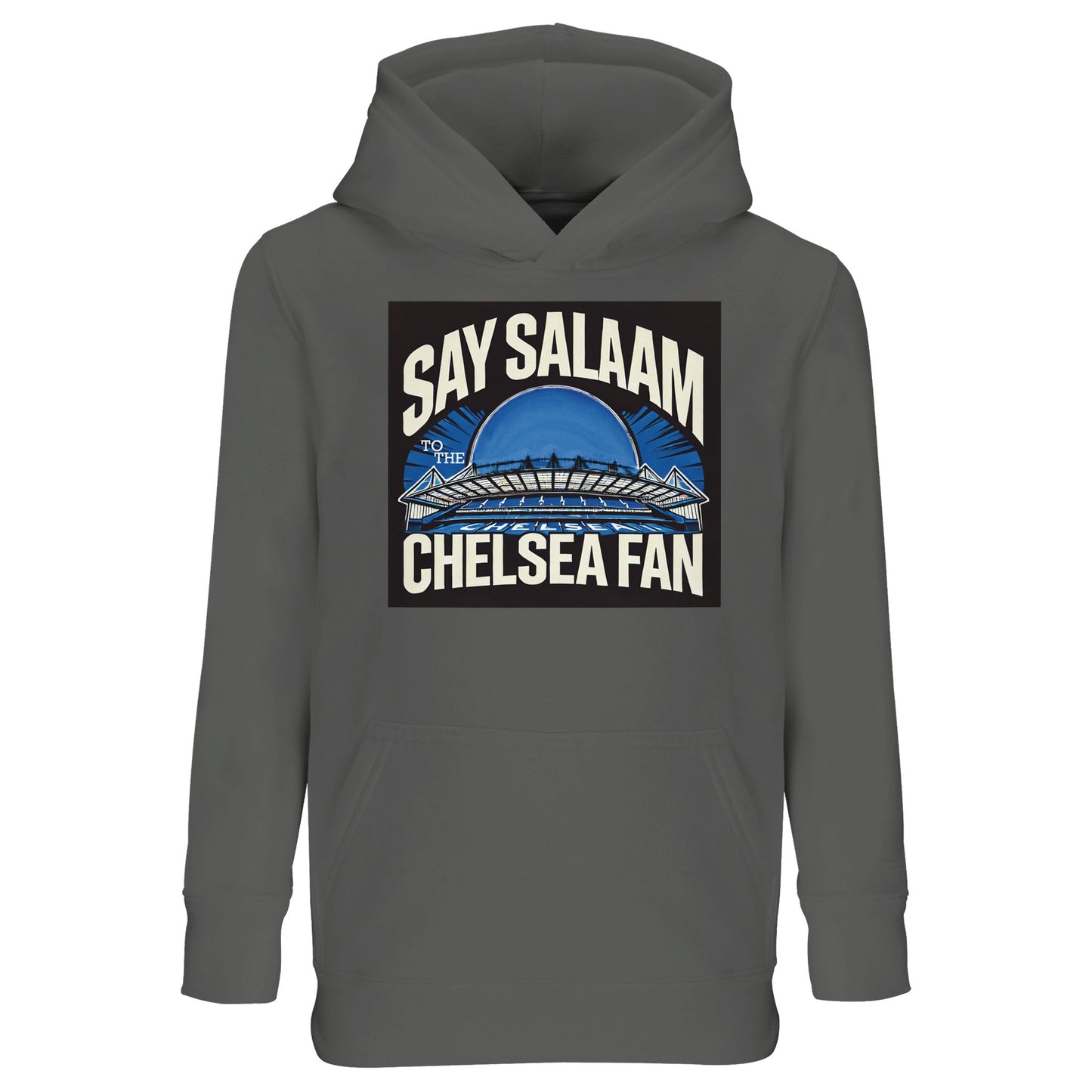 Say Salaam to the Chelsea Fan Design #1 Part-Recycled Cotton-Poly Kids Hoodie – Grey Melange / Heather Grey / Marl Grey / Classic Athletic Grey Blend. Timeless and versatile, this hooded garment is soft, sustainable, and perfect for wearing to madrasa, school, or the Bridge. The neutral tone makes it easy to pair with any matchday gear while keeping modesty and comfort intact for Muslim footy fans in training. Imagine Peter Osgood or Gianfranco Zola wearing these and saying to you ‘assalamu alaikum’.