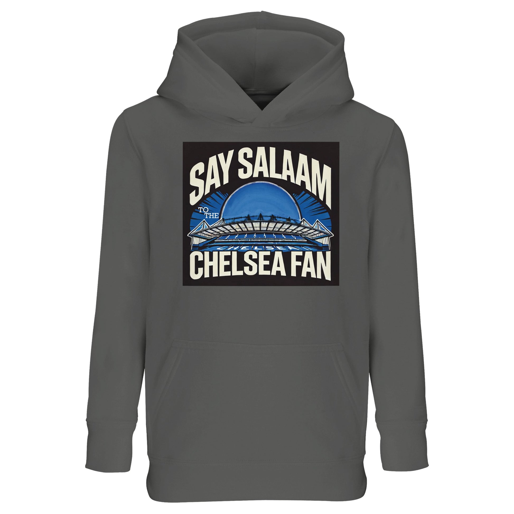 Say Salaam to the Chelsea Fan Design #1 Part-Recycled Cotton-Poly Kids Hoodie – Grey Melange / Heather Grey / Marl Grey / Classic Athletic Grey Blend. Timeless and versatile, this hooded garment is soft, sustainable, and perfect for wearing to madrasa, school, or the Bridge. The neutral tone makes it easy to pair with any matchday gear while keeping modesty and comfort intact for Muslim footy fans in training. Imagine Peter Osgood or Gianfranco Zola wearing these and saying to you ‘assalamu alaikum’.