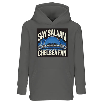 Say Salaam to the Chelsea Fan Design #1 Part-Recycled Cotton-Poly Kids Hoodie – Grey Melange / Heather Grey / Marl Grey / Classic Athletic Grey Blend. Timeless and versatile, this hooded garment is soft, sustainable, and perfect for wearing to madrasa, school, or the Bridge. The neutral tone makes it easy to pair with any matchday gear while keeping modesty and comfort intact for Muslim footy fans in training. Imagine Peter Osgood or Gianfranco Zola wearing these and saying to you ‘assalamu alaikum’.