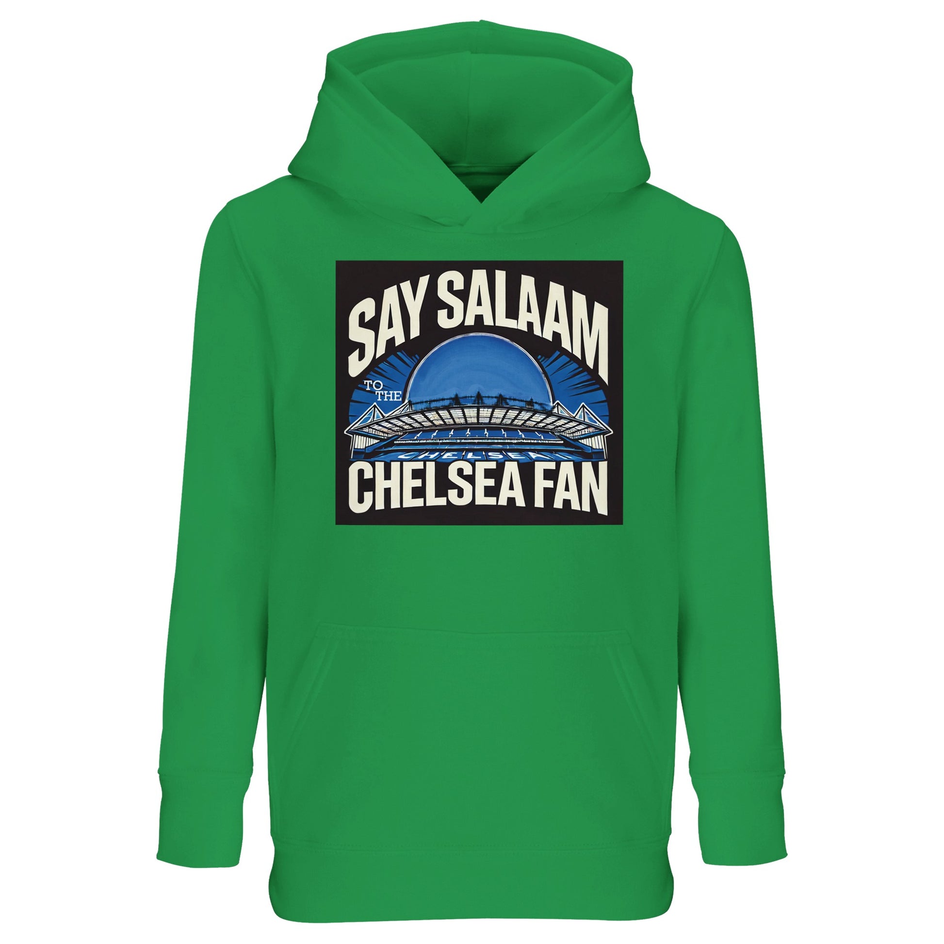 Say Salaam to the Chelsea Fan Design #1 Part-Recycled Cotton-Poly Kids Hoodie – Kelly Green / Creamy Green / Greenish Grey. A vibrant choice for younger supporters, this sustainable cotton-poly hooded top fuses bright pitch energy with modest wearability. Whether heading to London mosque prayer, training, or a family day out, it delivers soft warmth, ethical production, and standout SW6 style for the next generation of Chelsea followers. For boys and girls, along with hijabs, thobes and scarves.