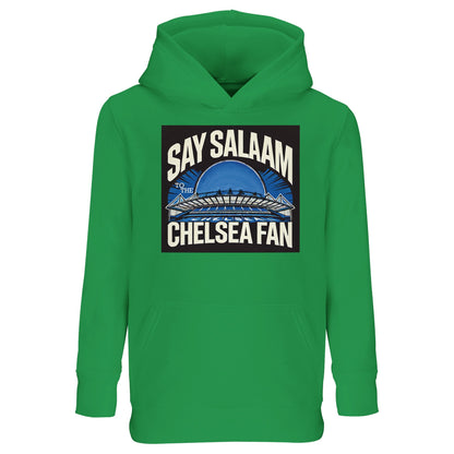 Say Salaam to the Chelsea Fan Design #1 Part-Recycled Cotton-Poly Kids Hoodie – Kelly Green / Creamy Green / Greenish Grey. A vibrant choice for younger supporters, this sustainable cotton-poly hooded top fuses bright pitch energy with modest wearability. Whether heading to London mosque prayer, training, or a family day out, it delivers soft warmth, ethical production, and standout SW6 style for the next generation of Chelsea followers. For boys and girls, along with hijabs, thobes and scarves.