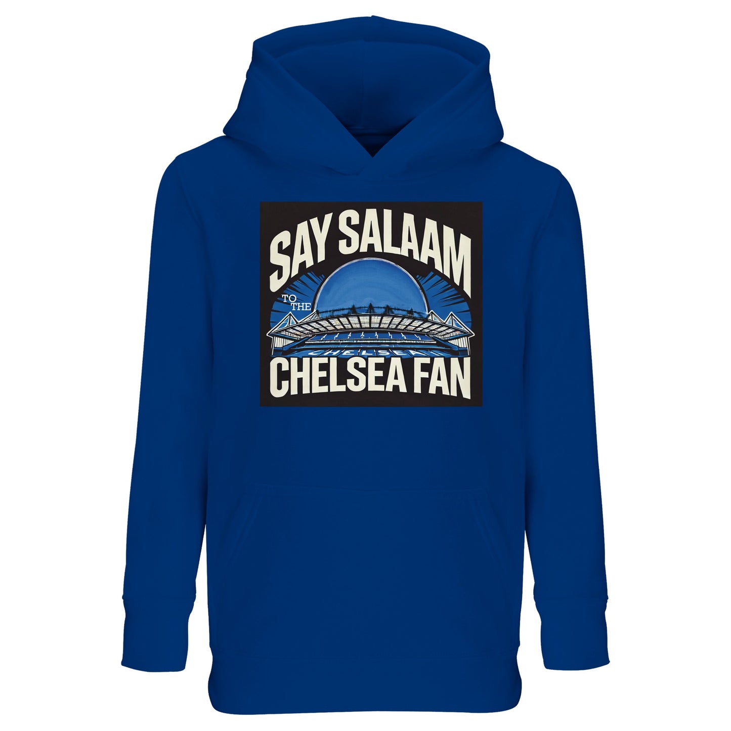 Say Salaam to the Chelsea Fan Design #1 Part-Recycled Cotton-Poly Kids Hoodie – Royal Blue / Dark Midnight Blue. The ultimate colourway for Chelsea faithful, this fairly-priced hooded sweatshirt or jumper offers Premier League matchday-ready boldness in an ethically sourced, modest fit. Soft yet durable, it’s built for school, mosque prayers, or Stamford Bridge visits, keeping Muslim youth supporters connected to their club identity while maintaining warmth, comfort and Islamic modesty.