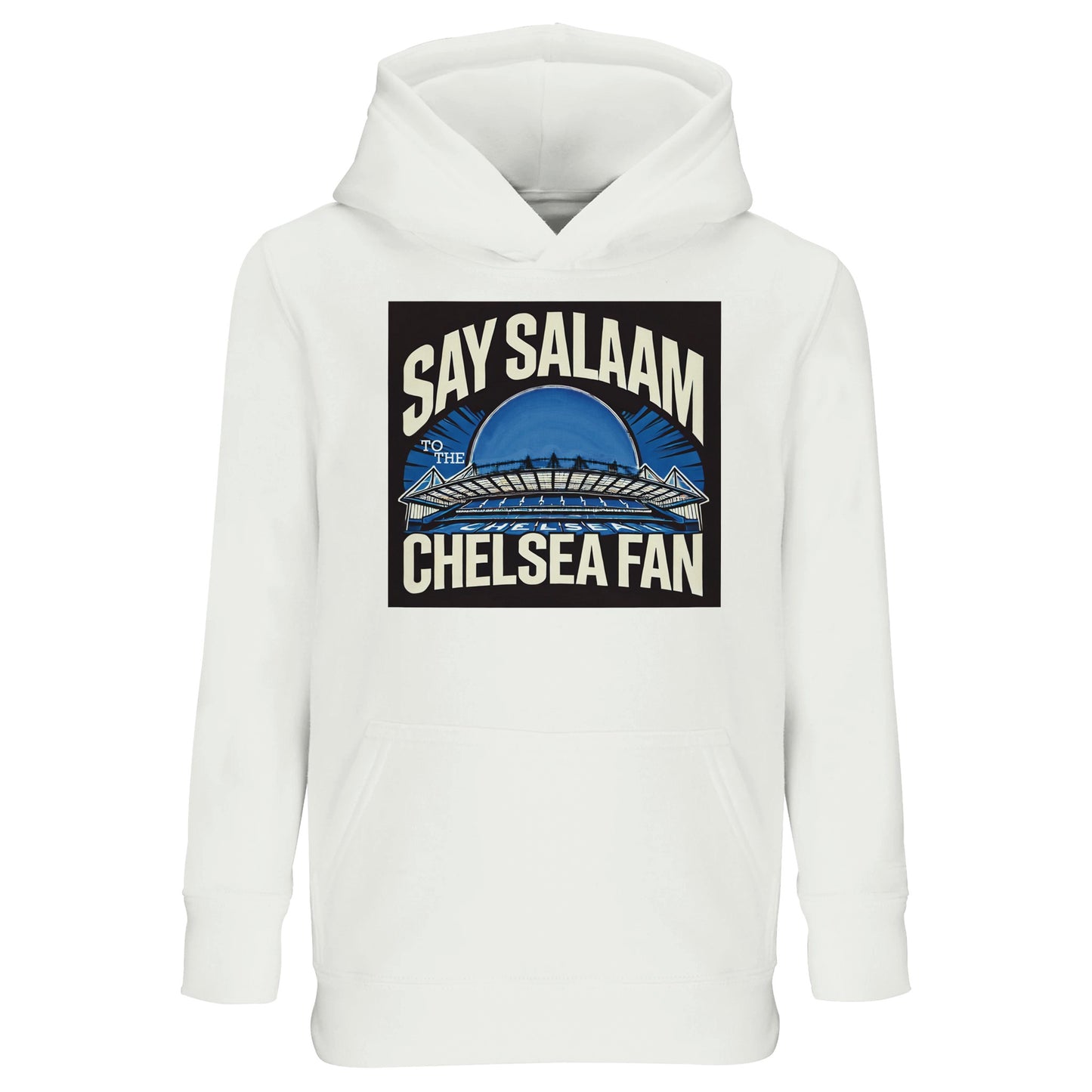 Say Salaam to the Chelsea Fan Design #1 Part-Recycled Cotton-Poly Kids Hoodie – White / Platinum. Clean, classic, and versatile, this hooded sweatshirt pairs faith-respecting modesty with all-day comfort. Ethically produced and breathable, it’s equally suited for matchdays, study sessions, or time at the mosque, letting young Chelsea supporters show their pride with a fresh, understated base for the bold SW6 design.