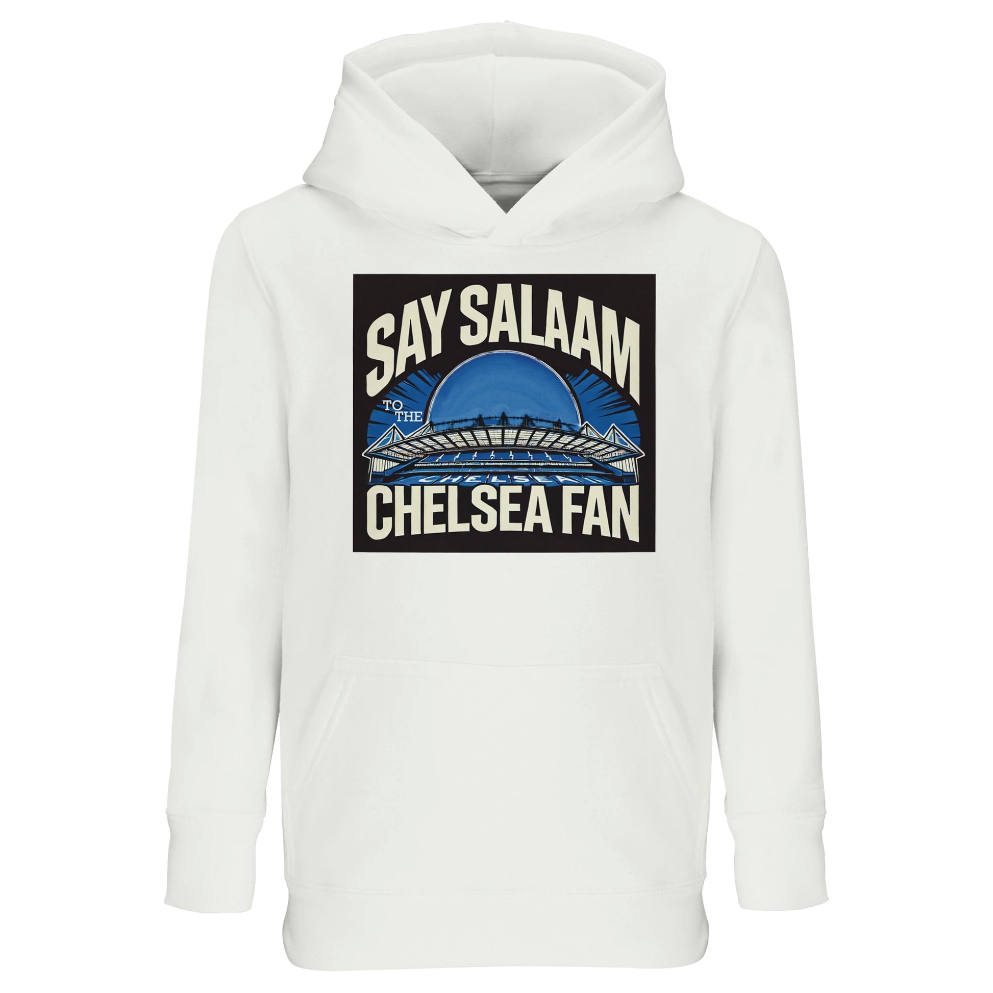 Say Salaam to the Chelsea Fan Design #1 Part-Recycled Cotton-Poly Kids Hoodie – White / Platinum. Clean, classic, and versatile, this hooded sweatshirt pairs faith-respecting modesty with all-day comfort. Ethically produced and breathable, it’s equally suited for matchdays, study sessions, or time at the mosque, letting young Chelsea supporters show their pride with a fresh, understated base for the bold SW6 design.