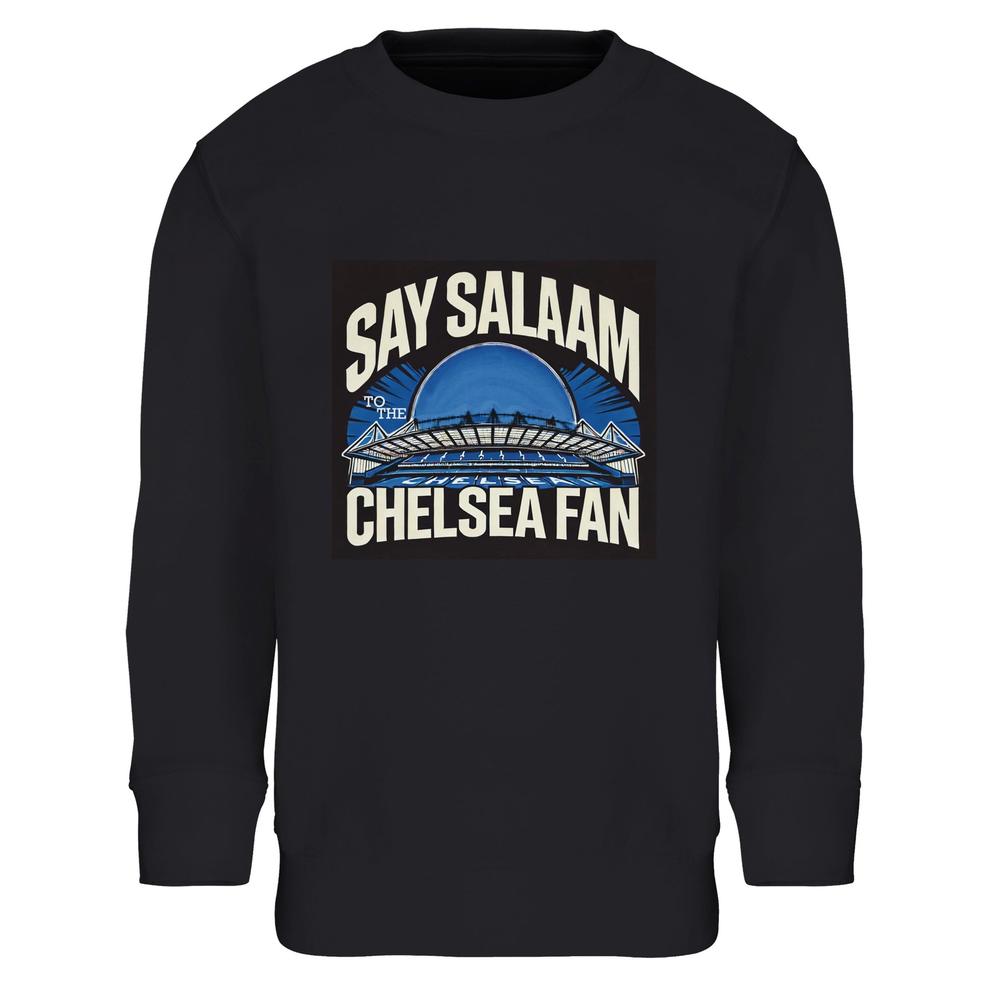 Say Salaam to the Chelsea Fan Design #1 Part-Recycled Cotton-Poly Kids Sweatshirt – Black / Deep Black / Zeus. Bringing a touch of masjid flair to SW6 style, this warm, long-sleeved jumper features a Stamford Bridge tribute badge built for young believers in blue. Made ethically and priced fairly, it’s soft, sporty and modest enough for Friday prayers or five-a-side. An ideal layering piece for Muslim footy fans repping Chelsea with pride, on and off the pitch.