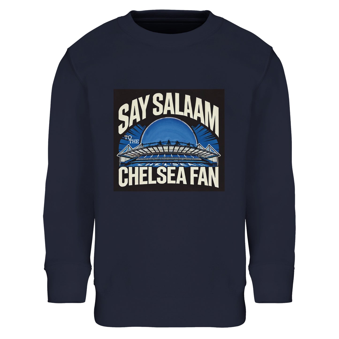 Say Salaam to the Chelsea Fan Design #1 Part-Recycled Cotton-Poly Kids Sweatshirt – French Navy / Ebony Clay. Styled with a bold spiritual badge and a Chelsea FC stadium arch design, this kid-friendly warm sweatshirt gives halal streetwear energy with a Stamford Bridge soul. Ethically made, good value, and perfect for Muslim youth cheering on Enzo and Co. between homework and Isha. Modest, faith-rooted football fashion for the next Blue generation.