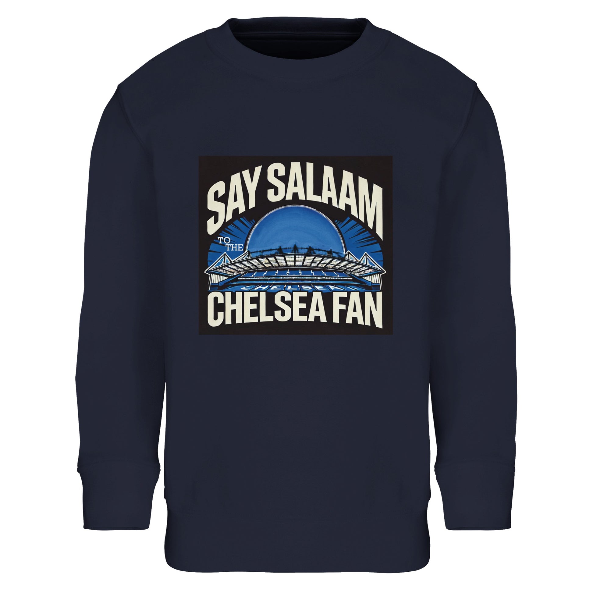 Say Salaam to the Chelsea Fan Design #1 Part-Recycled Cotton-Poly Kids Sweatshirt – French Navy / Ebony Clay. Styled with a bold spiritual badge and a Chelsea FC stadium arch design, this kid-friendly warm sweatshirt gives halal streetwear energy with a Stamford Bridge soul. Ethically made, good value, and perfect for Muslim youth cheering on Enzo and Co. between homework and Isha. Modest, faith-rooted football fashion for the next Blue generation.