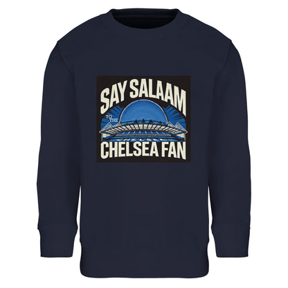 Say Salaam to the Chelsea Fan Design #1 Part-Recycled Cotton-Poly Kids Sweatshirt – French Navy / Ebony Clay. Styled with a bold spiritual badge and a Chelsea FC stadium arch design, this kid-friendly warm sweatshirt gives halal streetwear energy with a Stamford Bridge soul. Ethically made, good value, and perfect for Muslim youth cheering on Enzo and Co. between homework and Isha. Modest, faith-rooted football fashion for the next Blue generation.