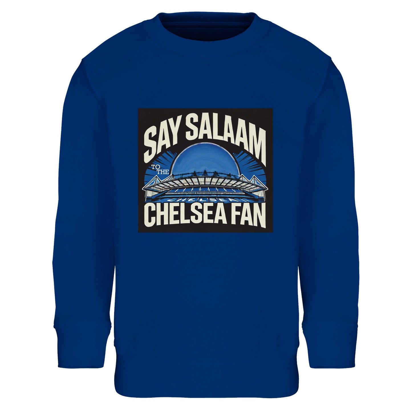Say Salaam to the Chelsea Fan Design #1 Part-Recycled Cotton-Poly Kids Sweatshirt – Royal Blue / Dark Midnight Blue. Featuring a faith-infused crest and bridge illustration, this modest sweatshirt is built for little Chelsea FC supporters whose football chants fit around suhoor. Ethically sourced, great price, and full of heart – ideal for warm stadium visits, school breaks, or streaming Champions League drama on the couch. Proudly Blue. Proudly different.