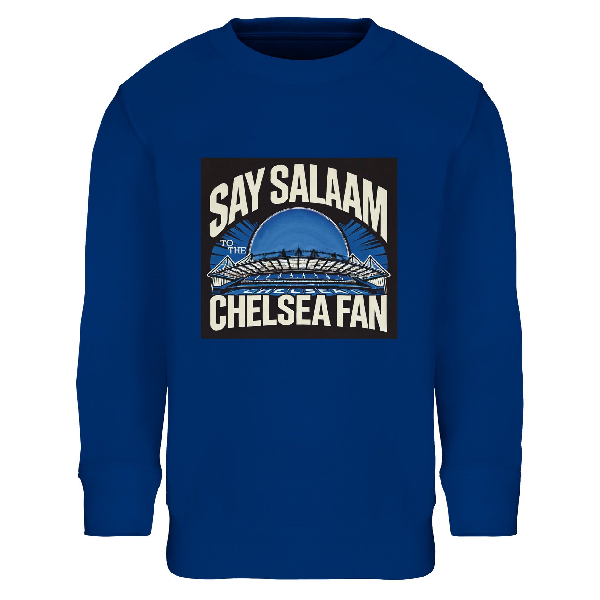 Say Salaam to the Chelsea Fan Design #1 Part-Recycled Cotton-Poly Kids Sweatshirt – Royal Blue / Dark Midnight Blue. Featuring a faith-infused crest and bridge illustration, this modest sweatshirt is built for little Chelsea FC supporters whose football chants fit around suhoor. Ethically sourced, great price, and full of heart – ideal for warm stadium visits, school breaks, or streaming Champions League drama on the couch. Proudly Blue. Proudly different.
