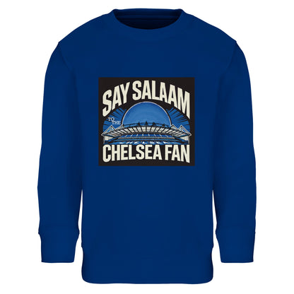 Say Salaam to the Chelsea Fan Design #1 Part-Recycled Cotton-Poly Kids Sweatshirt – Royal Blue / Dark Midnight Blue. Featuring a faith-infused crest and bridge illustration, this modest sweatshirt is built for little Chelsea FC supporters whose football chants fit around suhoor. Ethically sourced, great price, and full of heart – ideal for warm stadium visits, school breaks, or streaming Champions League drama on the couch. Proudly Blue. Proudly different.