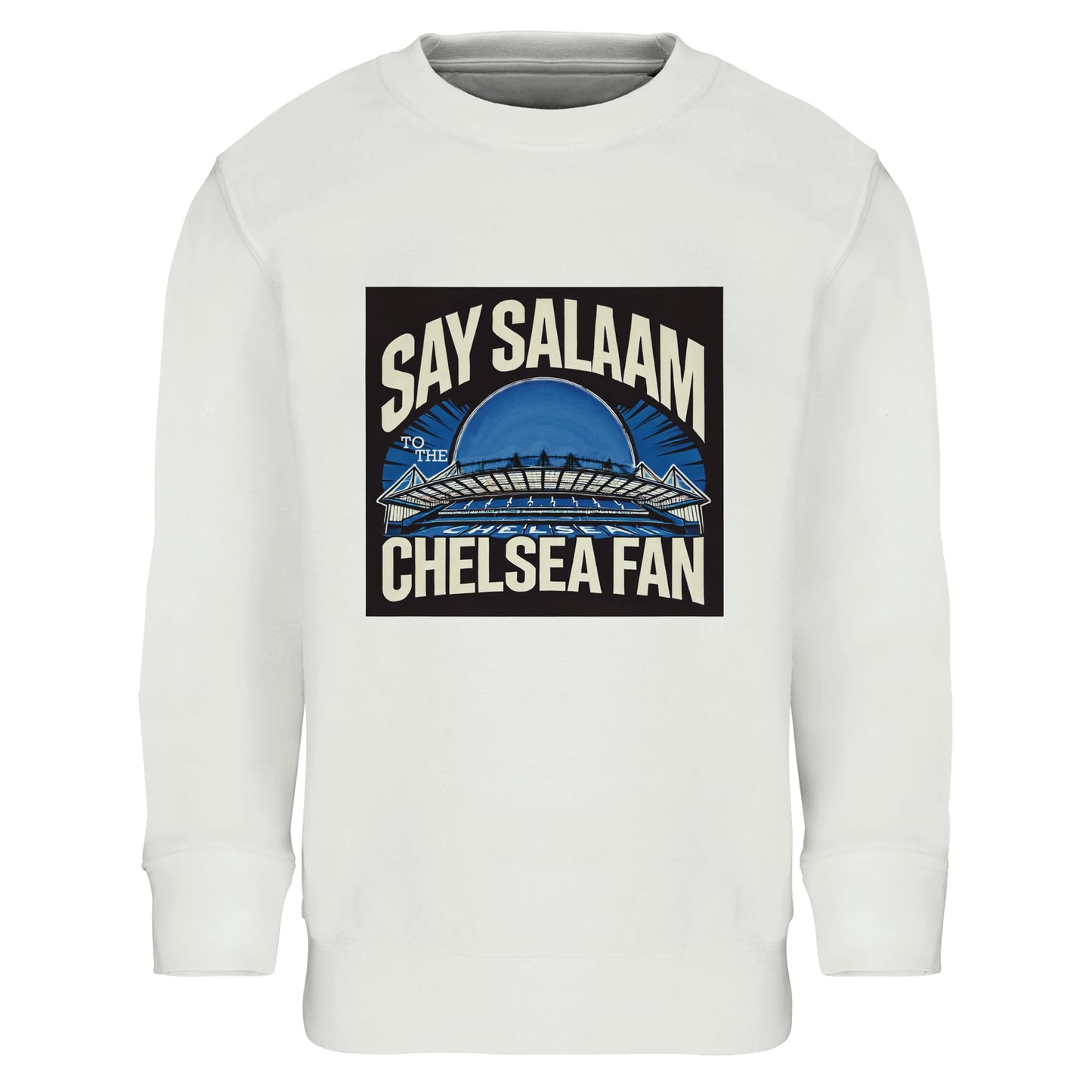 Say Salaam to the Chelsea Fan Design #1 Part-Recycled Cotton-Poly Kids Sweatshirt – White / Platinum. Featuring a mosque-inspired badge with Stamford Bridge’s unmistakable arch in icy blue, this halal-friendly long-sleeved shirt blends spiritual style with proper Chelsea Football Club vibes. Affordable, ethical, warm and made for modest youngsters who support the Blues between salah and matchday. Ideal for playground pride or late-night English Premier League watching with family.