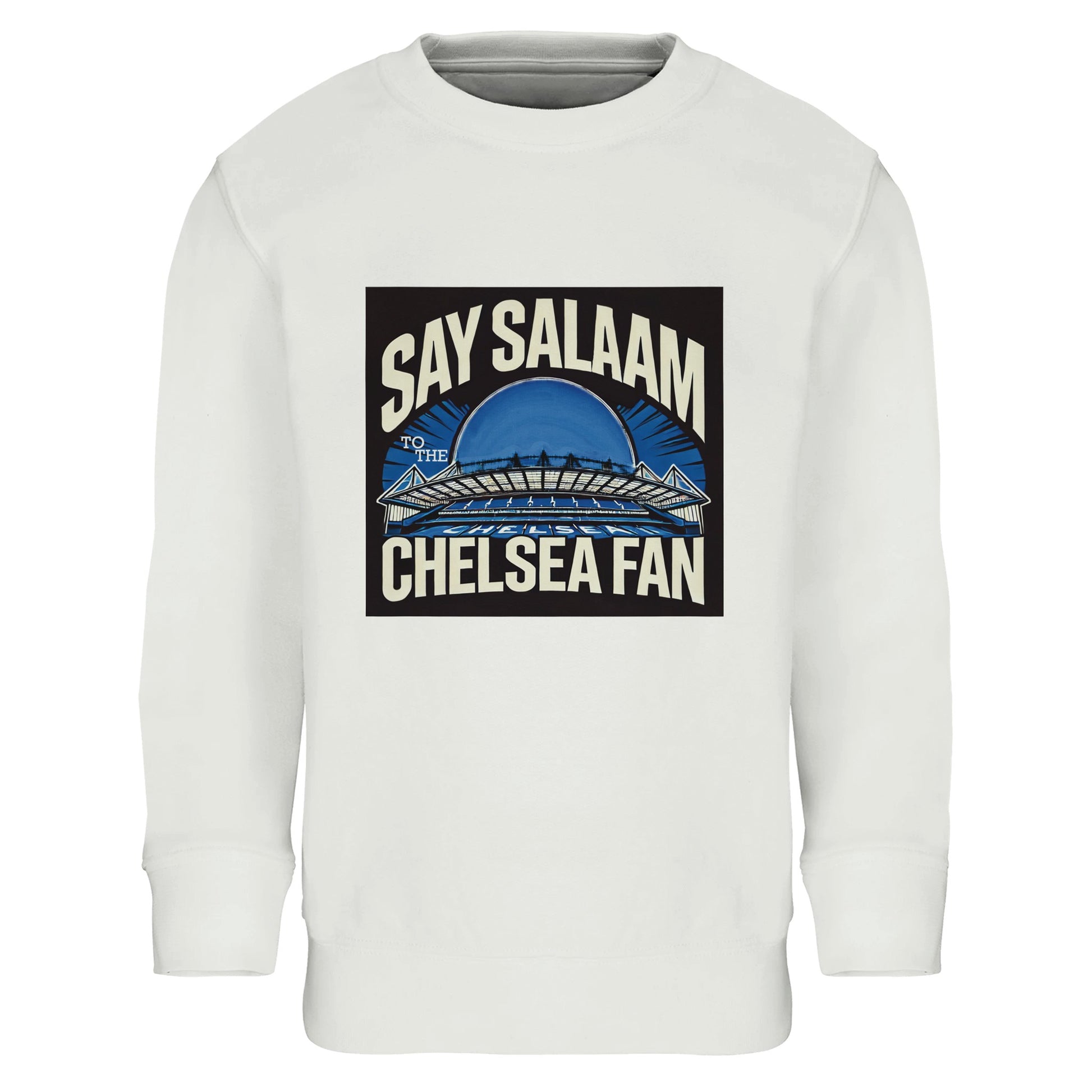 Say Salaam to the Chelsea Fan Design #1 Part-Recycled Cotton-Poly Kids Sweatshirt – White / Platinum. Featuring a mosque-inspired badge with Stamford Bridge’s unmistakable arch in icy blue, this halal-friendly long-sleeved shirt blends spiritual style with proper Chelsea Football Club vibes. Affordable, ethical, warm and made for modest youngsters who support the Blues between salah and matchday. Ideal for playground pride or late-night English Premier League watching with family.