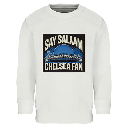 Say Salaam to the Chelsea Fan Design #1 Part-Recycled Cotton-Poly Kids Sweatshirt – White / Platinum. Featuring a mosque-inspired badge with Stamford Bridge’s unmistakable arch in icy blue, this halal-friendly long-sleeved shirt blends spiritual style with proper Chelsea Football Club vibes. Affordable, ethical, warm and made for modest youngsters who support the Blues between salah and matchday. Ideal for playground pride or late-night English Premier League watching with family.