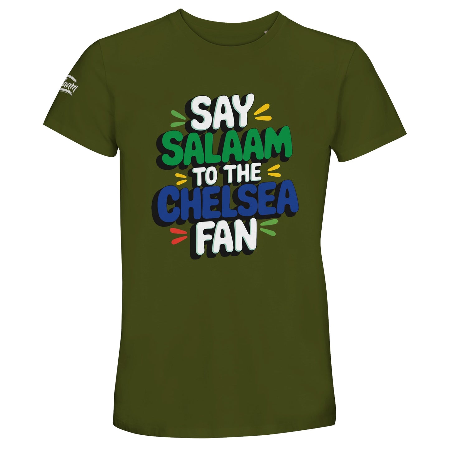 Say Salaam to the Chelsea Fan Design #2 unisex t-shirt in an army green tone that adds a grounded, street-ready feel to the bold graphic. Crafted from a recycled-cotton blend, this tee suits Chelsea fans who like understated colour with strong football identity. Designed for adults XS to 4XL, it’s easy to wear on match days, city outings, travel, or relaxed weekends. A comfortable, modest football t-shirt that keeps club pride low-key, practical, and always finished with a Salaam.