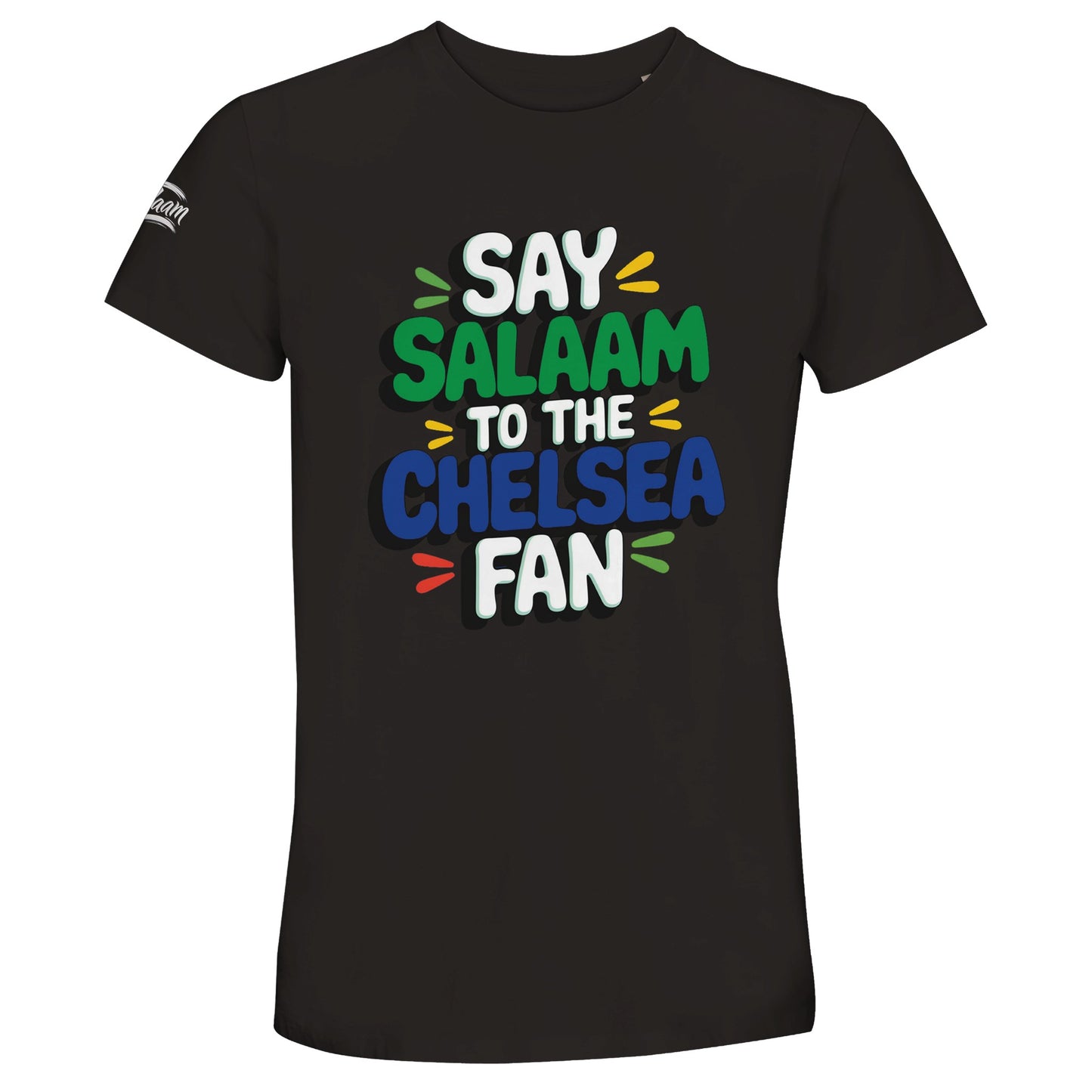 Say Salaam to the Chelsea Fan Design #2 unisex t-shirt printed on a deep black base that gives the colourful lettering sharp contrast and impact. This recycled-cotton tee with a good price suits Chelsea supporters who prefer a clean, minimal look with strong football identity. Designed for adults XS to 4XL, it works just as well for match nights as everyday streetwear. A versatile, modest football t-shirt that blends club loyalty, comfort, and a calm confidence rooted in saying Salaam on and off the pitch.