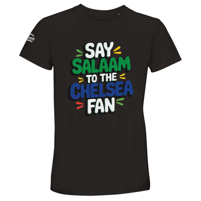 Say Salaam to the Chelsea Fan Design #2 unisex t-shirt printed on a deep black base that gives the colourful lettering sharp contrast and impact. This recycled-cotton tee with a good price suits Chelsea supporters who prefer a clean, minimal look with strong football identity. Designed for adults XS to 4XL, it works just as well for match nights as everyday streetwear. A versatile, modest football t-shirt that blends club loyalty, comfort, and a calm confidence rooted in saying Salaam on and off the pitch.