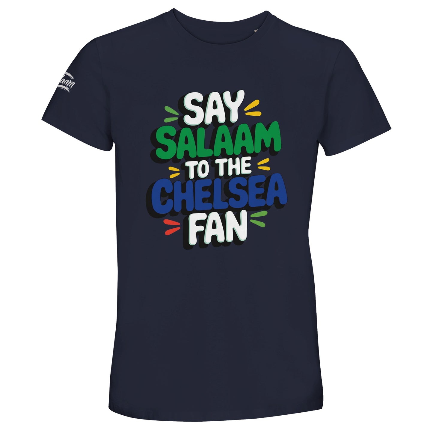 Say Salaam to the Chelsea Fan Design #2 unisex t-shirt on a deep French navy base that naturally nods to classic club tones. The rich colour gives weight to the playful lettering while staying clean and wearable. Made from recycled cotton and sized XS to 4XL, this tee is ideal for adult supporters heading to matches, watching from home, or wearing club colours day-to-day. A dependable football t-shirt that combines comfort, modest style, and a clear expression of support for the Blues.