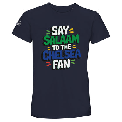 Say Salaam to the Chelsea Fan Design #2 unisex t-shirt on a deep French navy base that naturally nods to classic club tones. The rich colour gives weight to the playful lettering while staying clean and wearable. Made from recycled cotton and sized XS to 4XL, this tee is ideal for adult supporters heading to matches, watching from home, or wearing club colours day-to-day. A dependable football t-shirt that combines comfort, modest style, and a clear expression of support for the Blues.