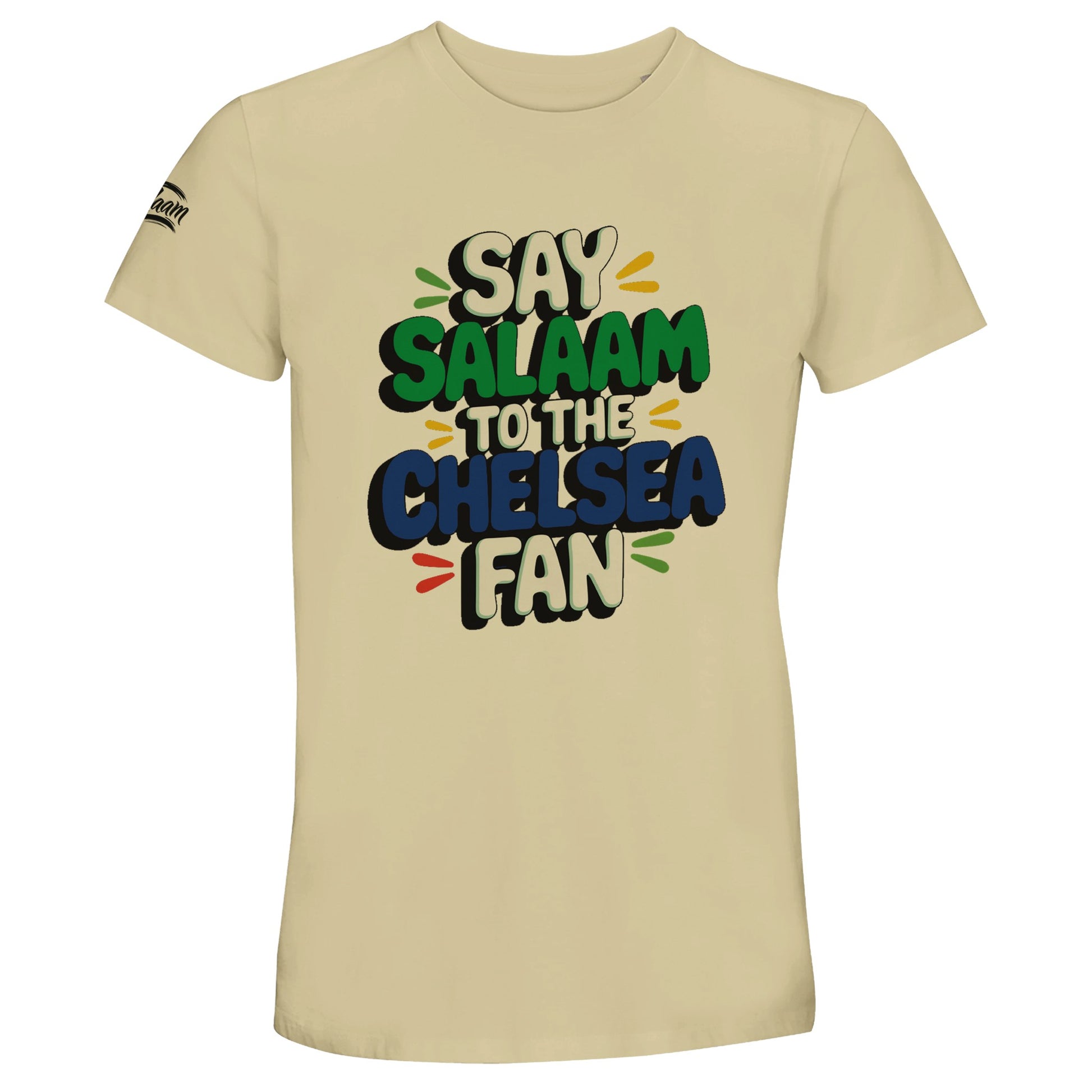 Say Salaam to the Chelsea Fan Design #2 unisex t-shirt set against a soft natural cotton tone that gives the colourful lettering a warm, understated finish. Made from a recycled-cotton blend, this tee suits Chelsea fans who prefer relaxed football style with a modest, everyday feel. Cut for adults XS to 4XL, it’s ideal for weekend wear, matches, travelling to games, or layering. A calm, wearable football t-shirt that balances club pride, comfort, and a clear Salaam for supporters who keep things simple.