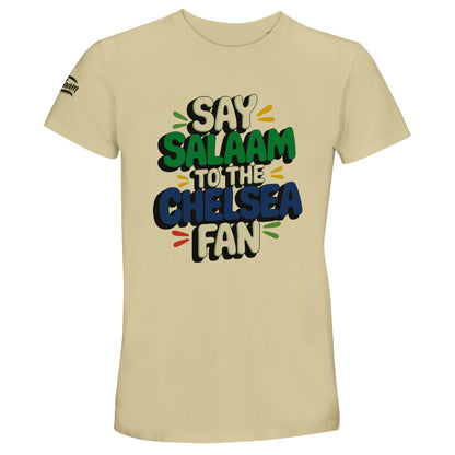 Say Salaam to the Chelsea Fan Design #2 unisex t-shirt set against a soft natural cotton tone that gives the colourful lettering a warm, understated finish. Made from a recycled-cotton blend, this tee suits Chelsea fans who prefer relaxed football style with a modest, everyday feel. Cut for adults XS to 4XL, it’s ideal for weekend wear, matches, travelling to games, or layering. A calm, wearable football t-shirt that balances club pride, comfort, and a clear Salaam for supporters who keep things simple.
