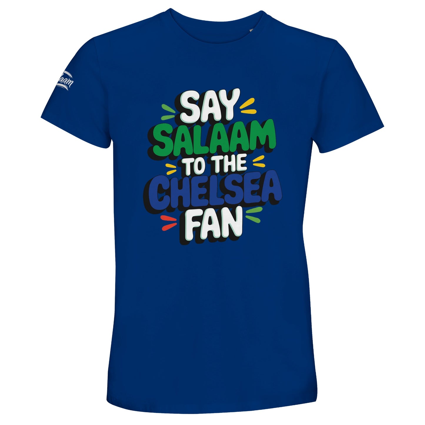 Say Salaam to the Chelsea Fan Design #2 unisex t-shirt finished in royal blue for fans who like their club colours worn proudly. The bold base lifts the stacked lettering and gives the design a lively, match-day energy. Made from a recycled-cotton blend and cut for adults XS to 4XL, it’s perfect for stadium days, watch parties, travel, or everyday wear. A confident, comfortable football t-shirt that celebrates Chelsea pride while keeping things modest, friendly, and grounded in Salaam.