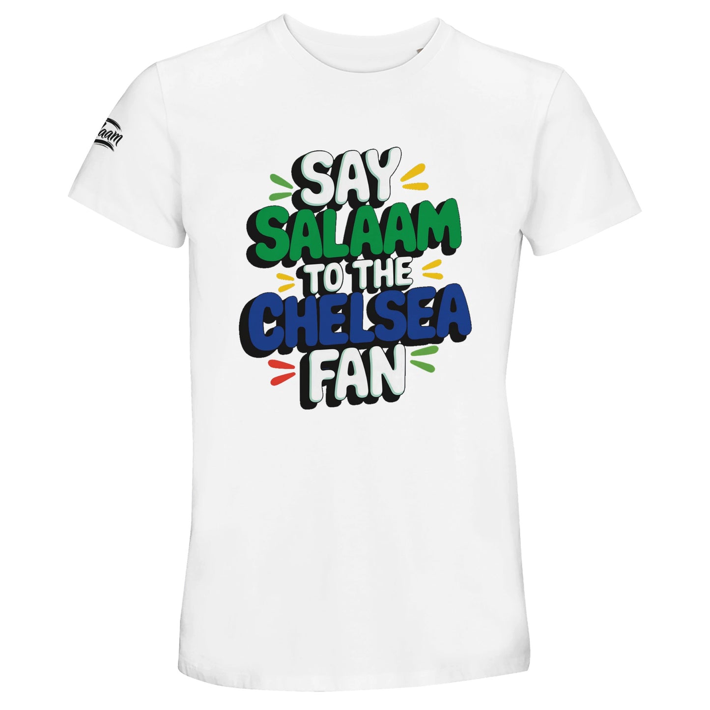 Say Salaam to the Chelsea Fan Design #2 unisex t-shirt featuring bold stacked lettering with playful colour accents inspired by club colours. Printed on a clean white base, this soft recycled-cotton tee is made for Chelsea supporters who value football culture, Muslim wear, and everyday comfort. Designed for adults from XS to 4XL, it works for match days, casual Fridays, watching games at home, or travelling to the stadium. A relaxed, modest football t-shirt for backing the Blues with style.