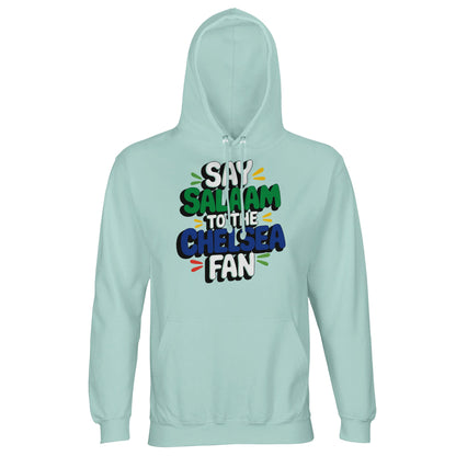 Say Salaam to the Chelsea Fan Design #2 unisex hoodie in Arctic Blue, combining cool pastel tones with bold stacked text inspired by club colours. The softer blue base keeps the look calm while letting the lettering remain clear and energetic. Designed for fans who enjoy subtle colour with football identity, this cosy cotton-poly hoodie works well for daily wear, match build-ups, and laid-back weekends. A clean, comfortable way to show support and say Salaam.