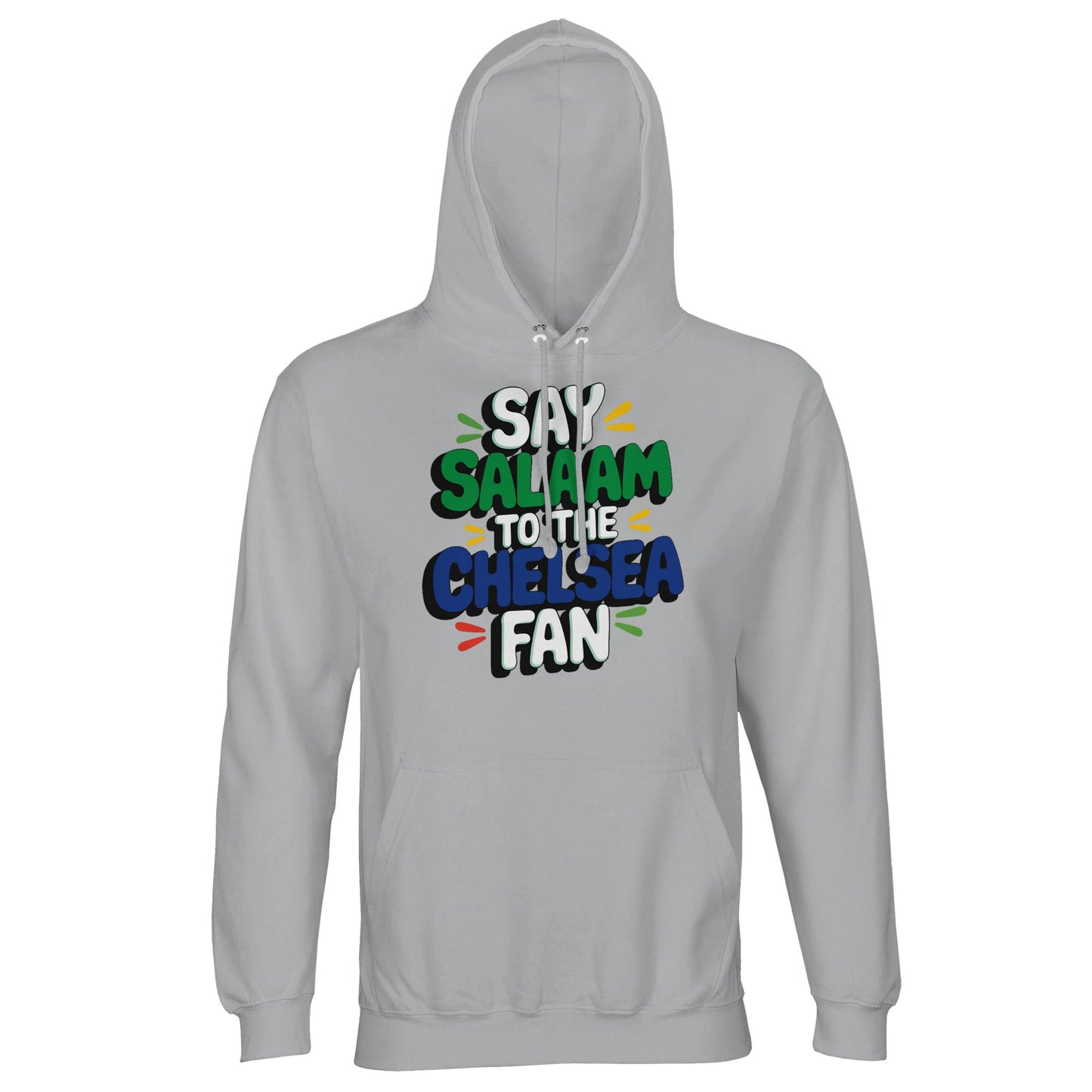 Say Salaam to the Chelsea Fan Design #2 unisex hoodie in Ash, featuring bold stacked lettering with colourful accents inspired by Chelsea colours. This soft cotton-poly hooded jumper offers a calm, everyday tone that lets the graphic stand out clearly. Designed for football fans who enjoy match days, casual wear, and modest streetwear, whether heading out, watching games at home, or staying warm between kickabouts. A comfortable, easy-wear hoodie for showing support and keeping a sense of Salaam.