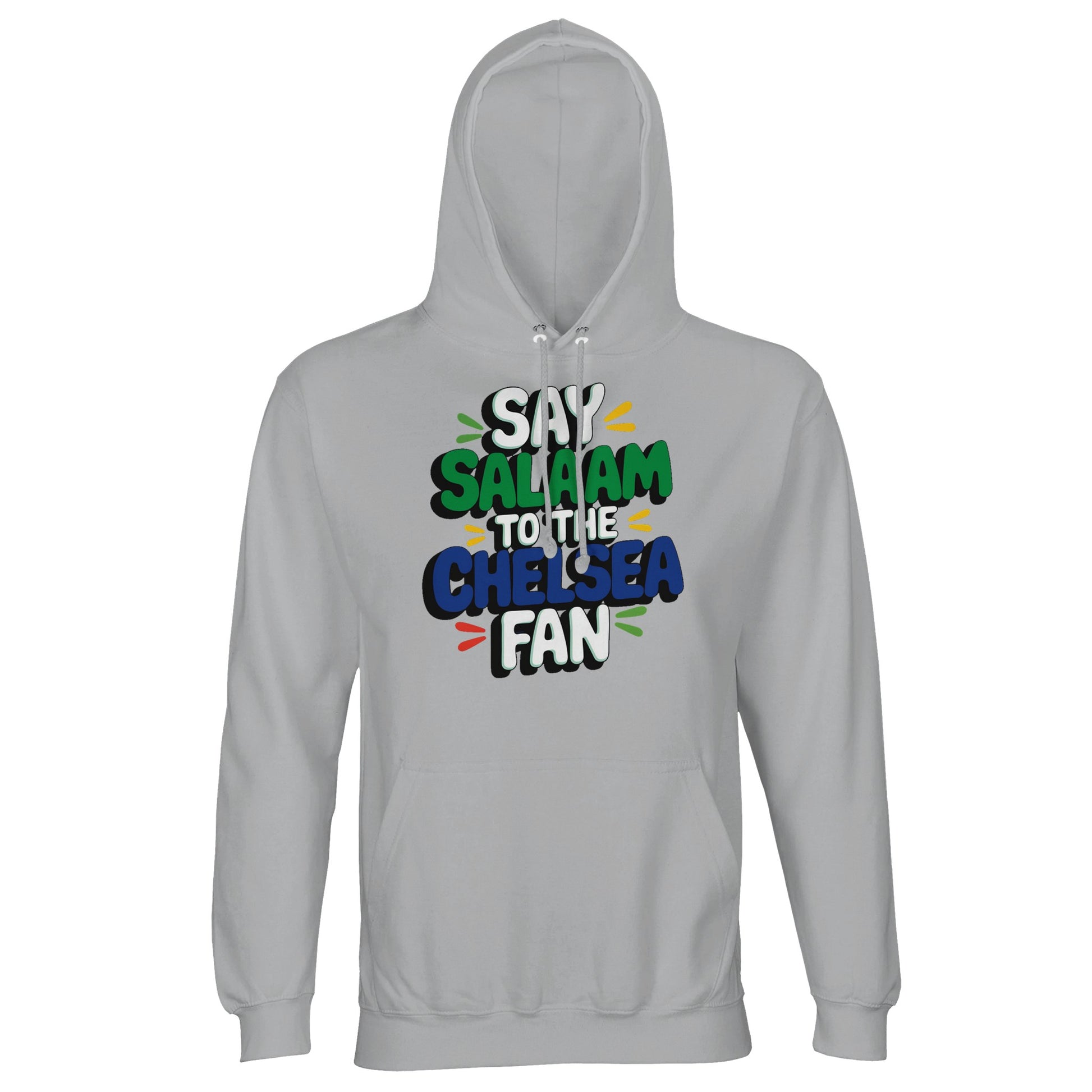 Say Salaam to the Chelsea Fan Design #2 unisex hoodie in Ash, featuring bold stacked lettering with colourful accents inspired by Chelsea colours. This soft cotton-poly hooded jumper offers a calm, everyday tone that lets the graphic stand out clearly. Designed for football fans who enjoy match days, casual wear, and modest streetwear, whether heading out, watching games at home, or staying warm between kickabouts. A comfortable, easy-wear hoodie for showing support and keeping a sense of Salaam.